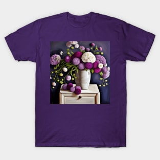 Purple and White Flowers in a White Vase Still Life Painting T-Shirt